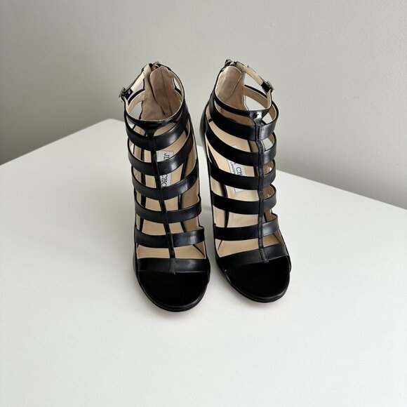 NEW JIMMY CHOO Black Leather Caged Ankle Strap Sandals Size 38.5 - Picture 5 of 14